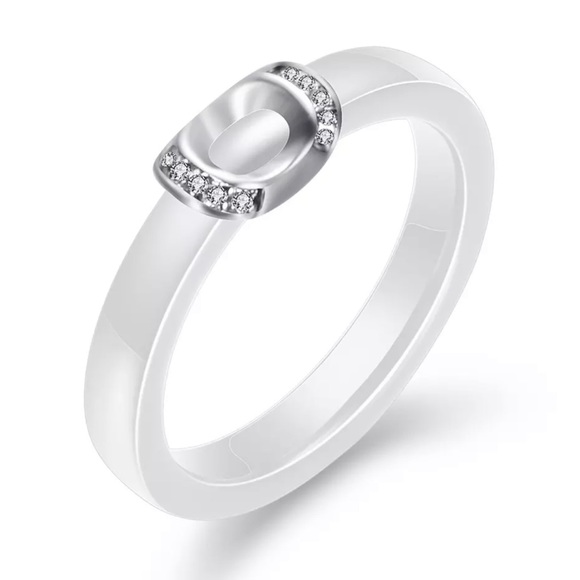 White Ceramic Rings with Cubic Zirconia Thin Rings Birthday Gift For Her Size 7 - Picture 1 of 4